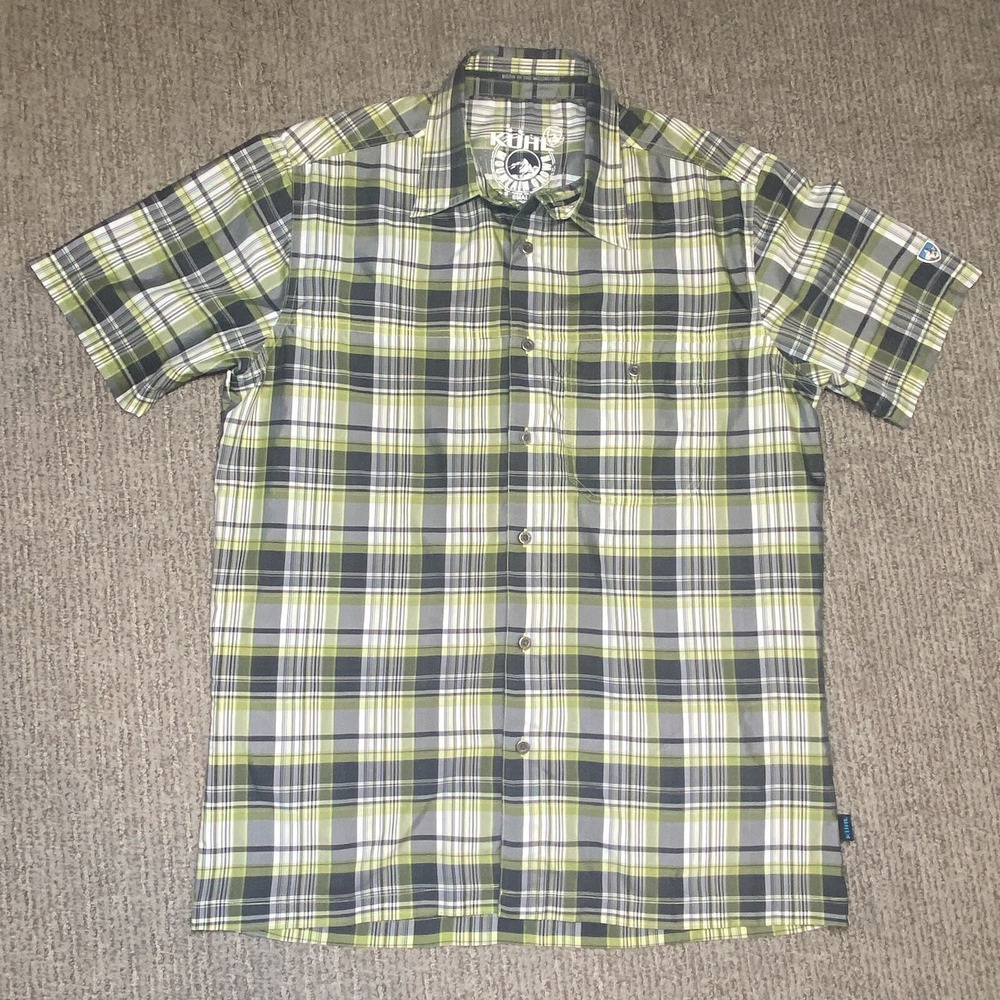 Kuhl Mens S Ionik Button Up Shirt Short Sleeve Polyester Green Plaid Outdoor